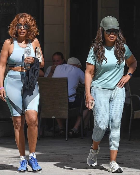 Oprah Winfrey running in Venice wearing Varsity Headwear French Olive Linen cap before the Bezos–Sánchez Wedding